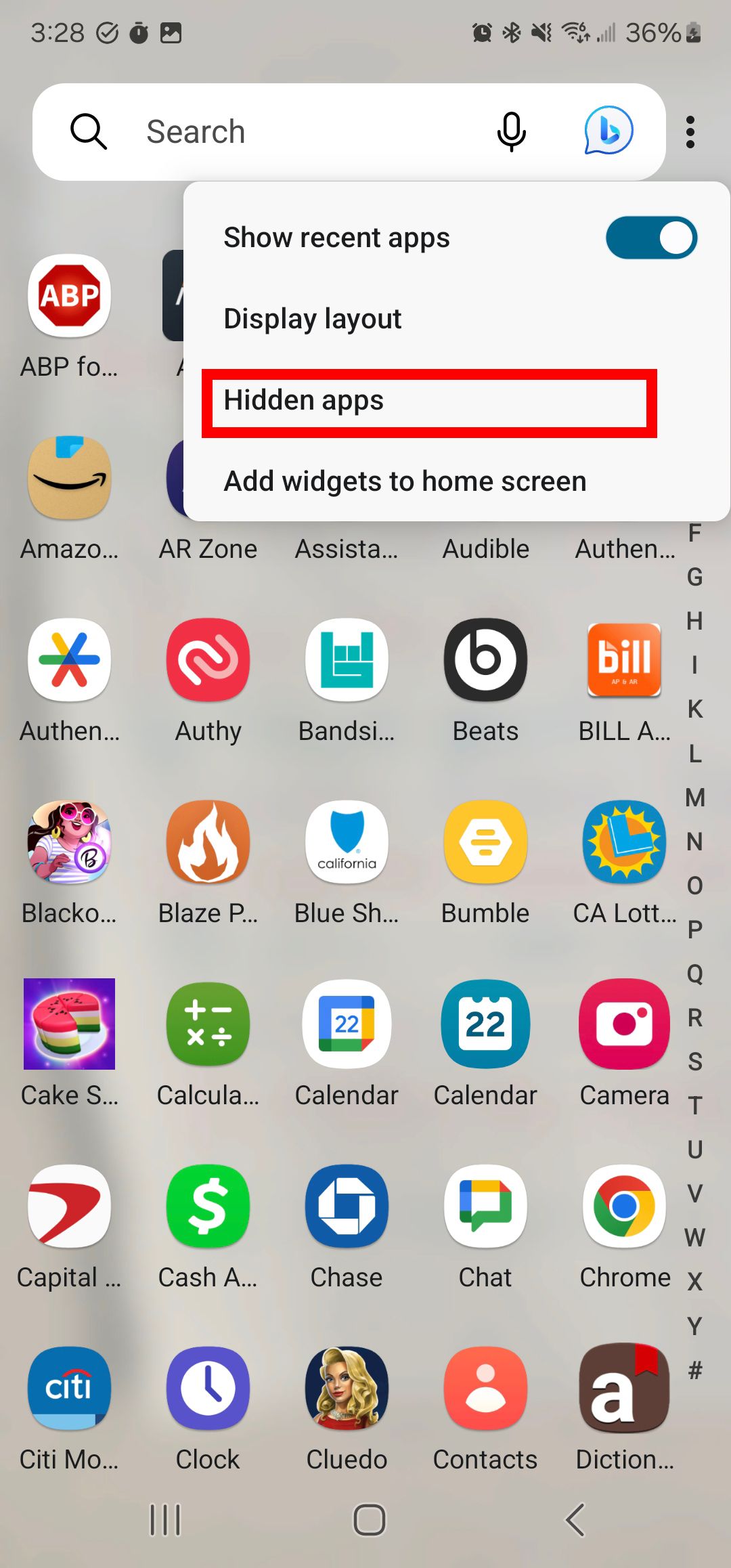 Uma captura de tela de um telefone Samsung usando a página de configurações do Microsoft Launcher com o 
