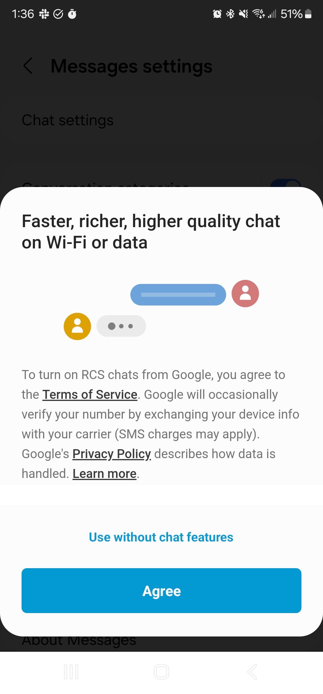 Uma captura de tela de um pop-up de mensagens RCS por meio dos serviços do Google em um telefone Android.