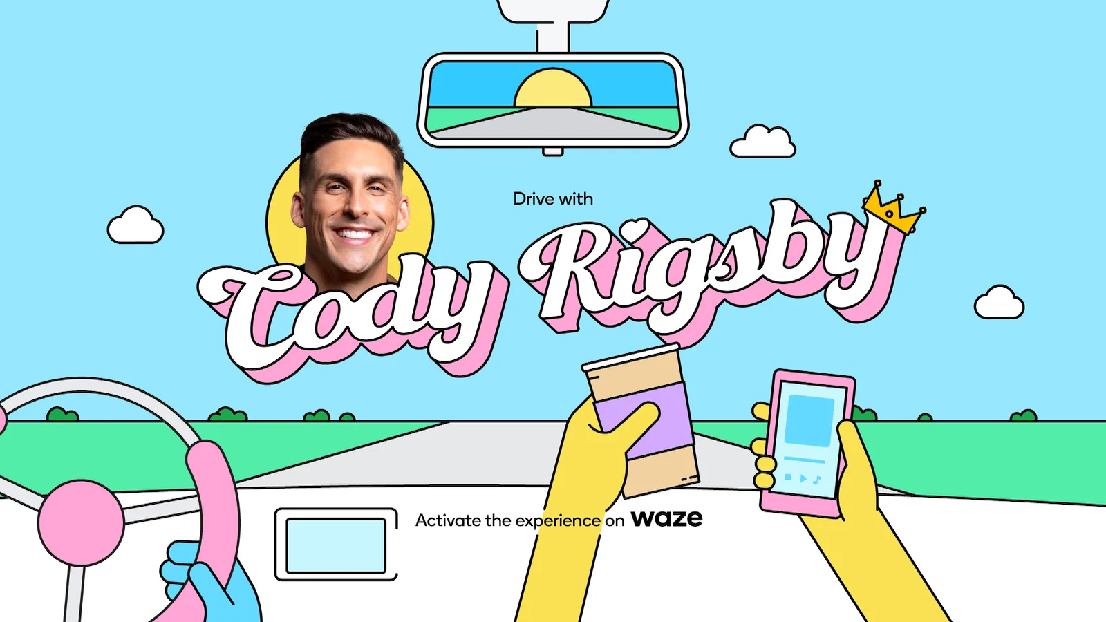Imagem em estilo cartoon de uma pessoa dirigindo com o nome e a imagem de Cody Rigsby mostrados.