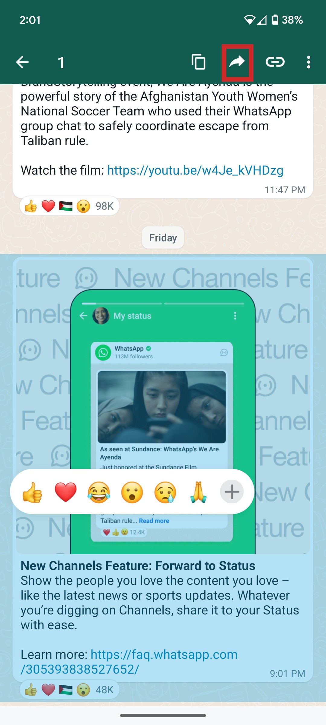 WhatsApp compartilhando atualizações do canal por meio de captura de tela de status
