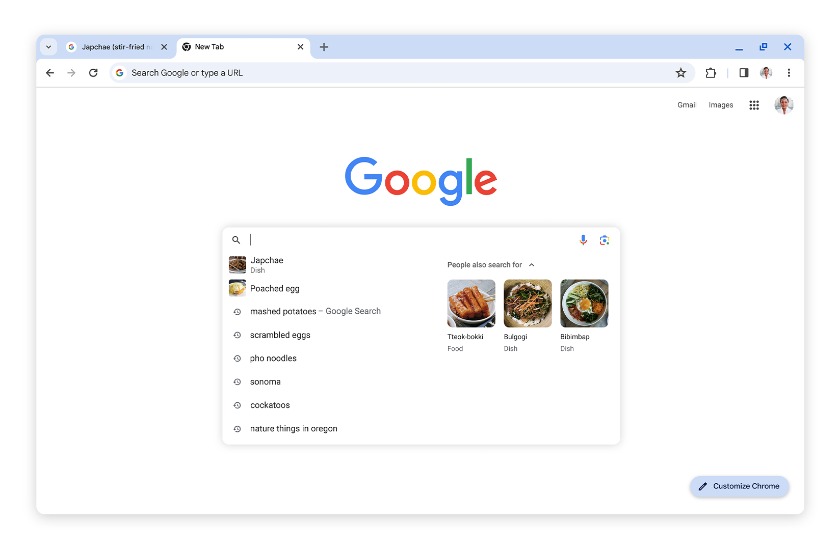 Captura de tela mostrando sugestões de pesquisa com imagens no Google Chrome baseadas no histórico de navegação