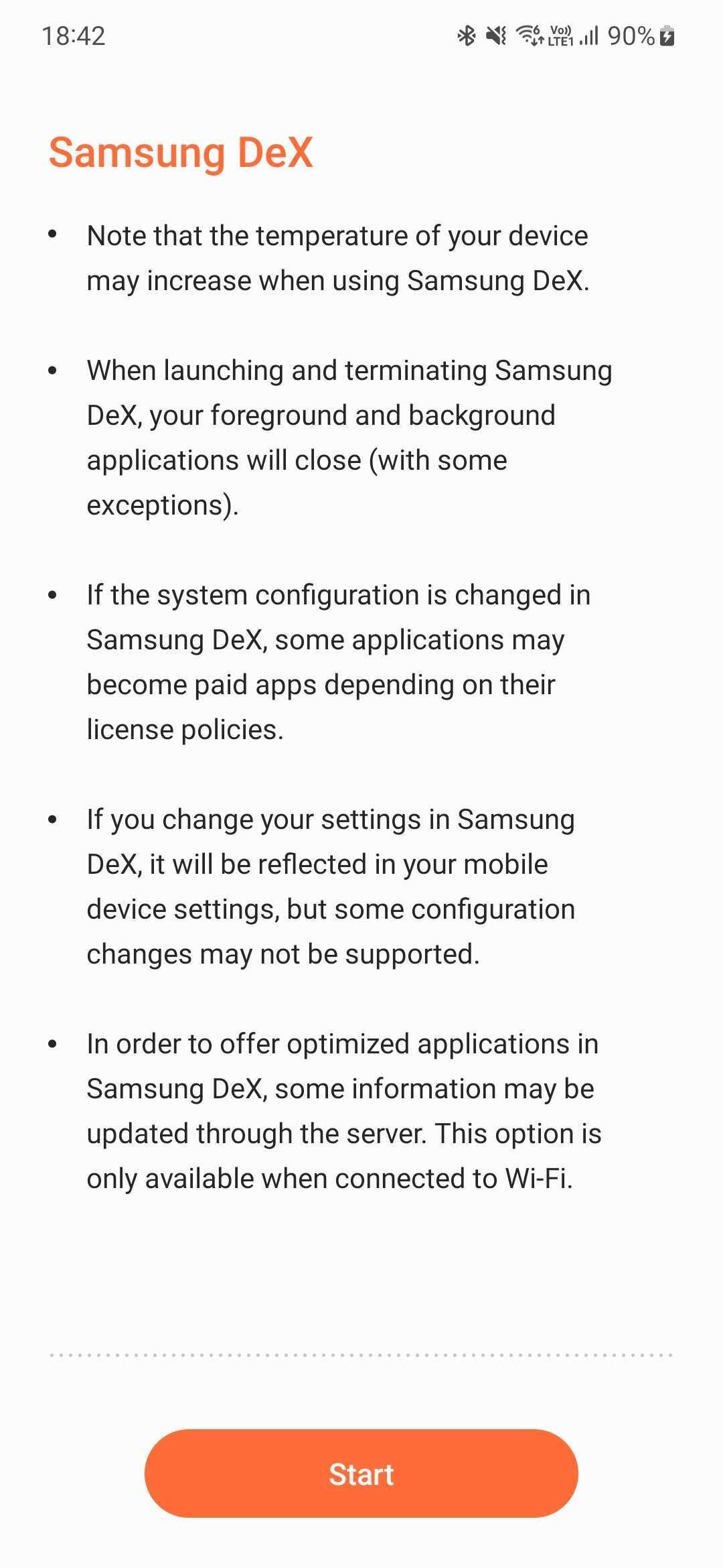 Uma captura de tela da isenção de responsabilidade do DeX da Samsung.