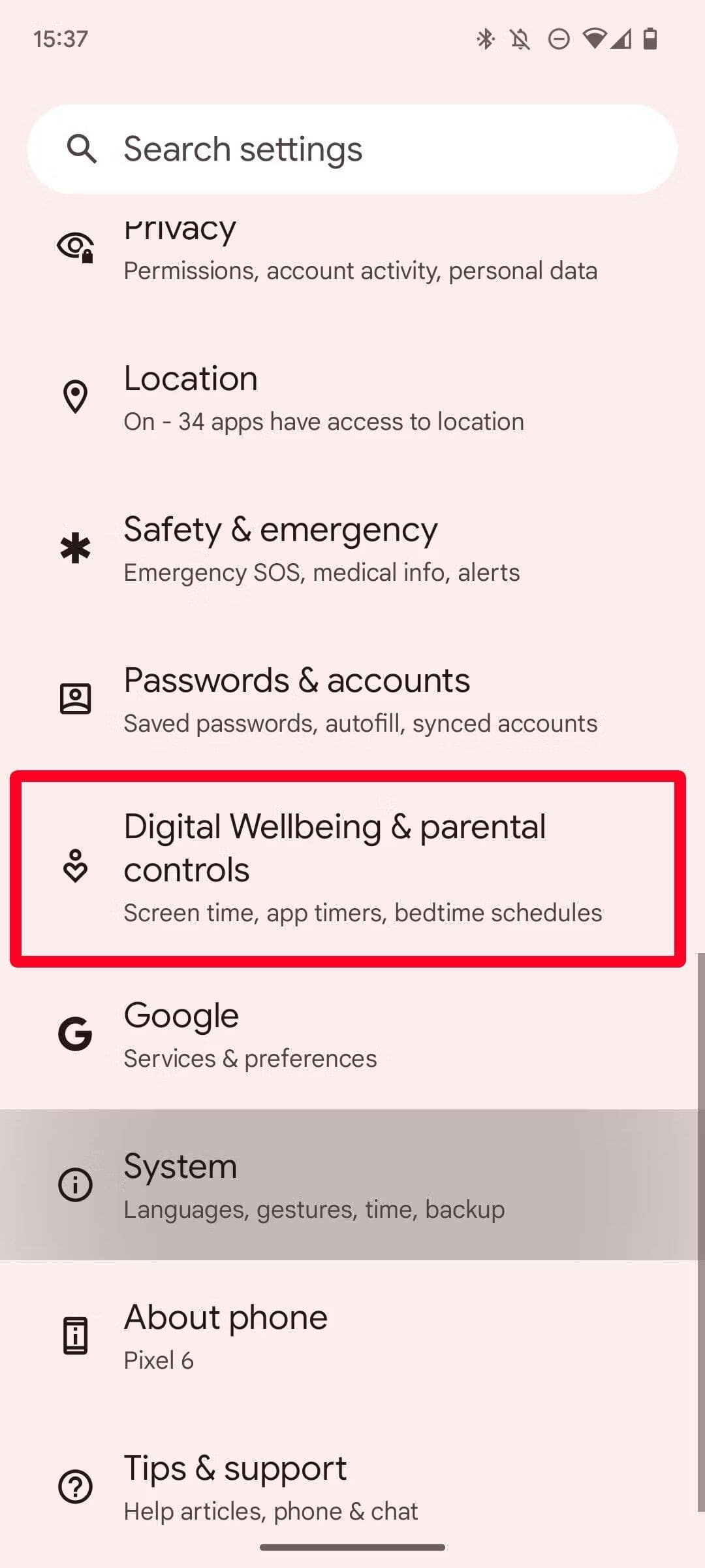 Captura de tela do menu de bem-estar do Android Digital
