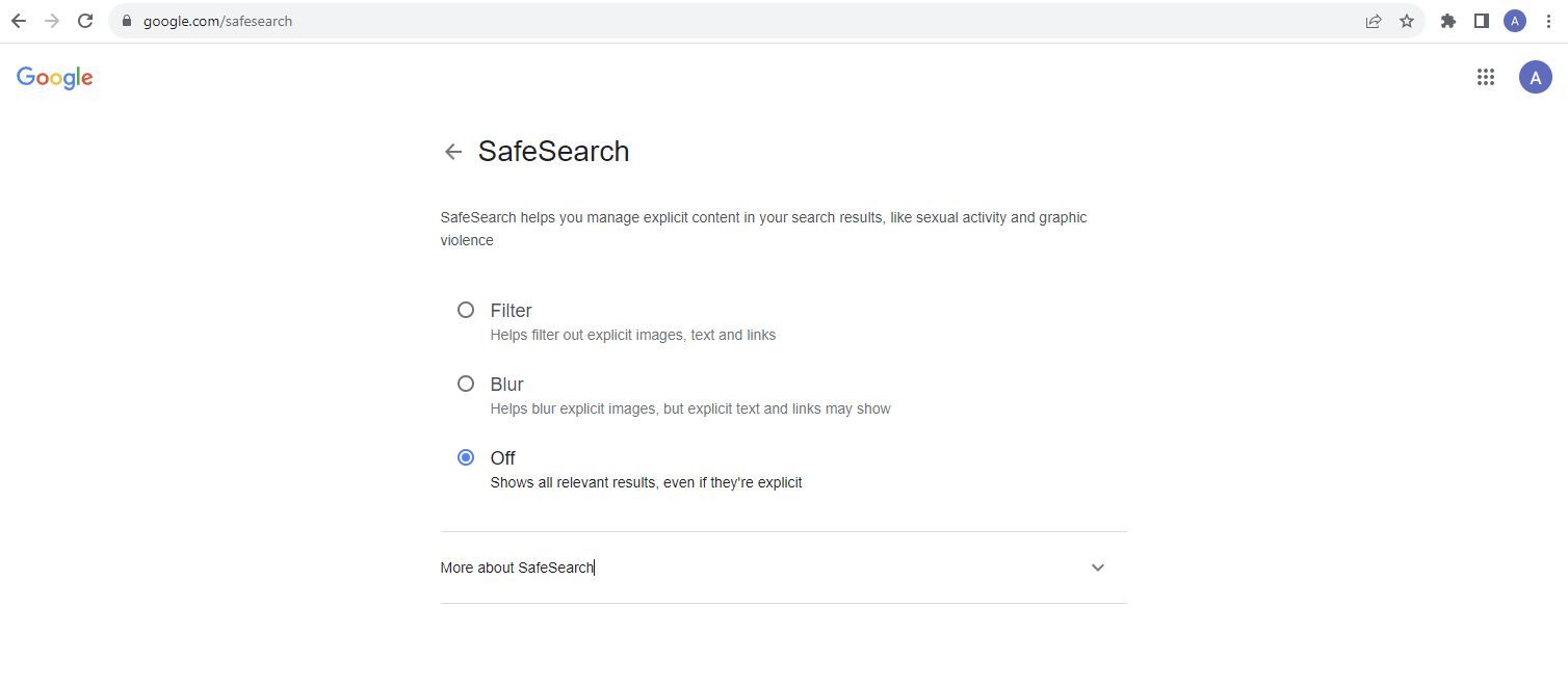 Captura de tela do menu Google SafeSearch.
