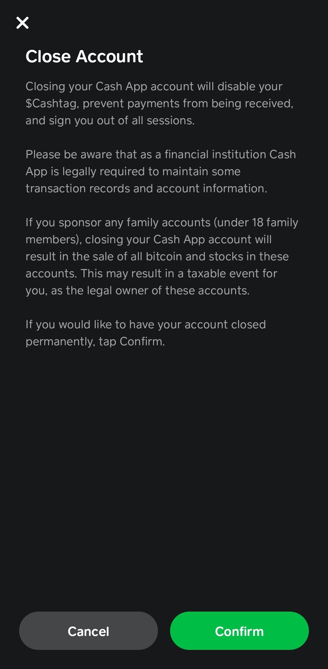 Captura de tela da confirmação de encerramento da conta no aplicativo Android