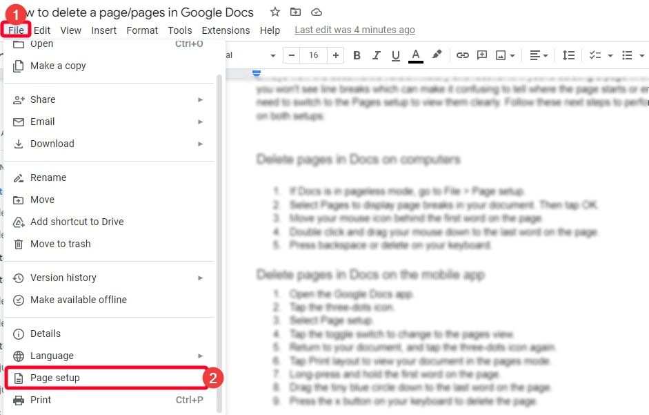 Selecionando a opção de configuração de página no menu Arquivo do Google Docs