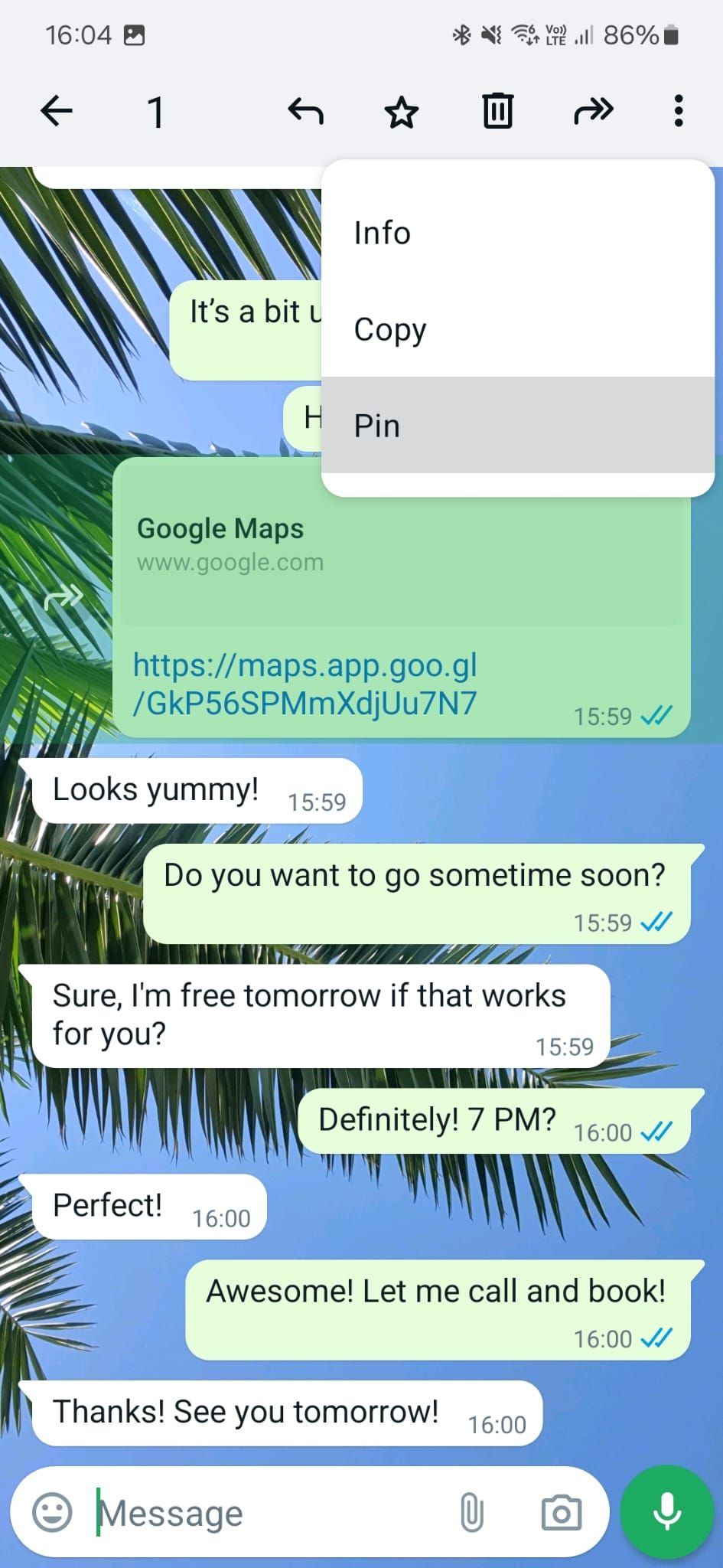Captura de tela do aplicativo WhatsApp no ​​Android mostrando o menu flutuante