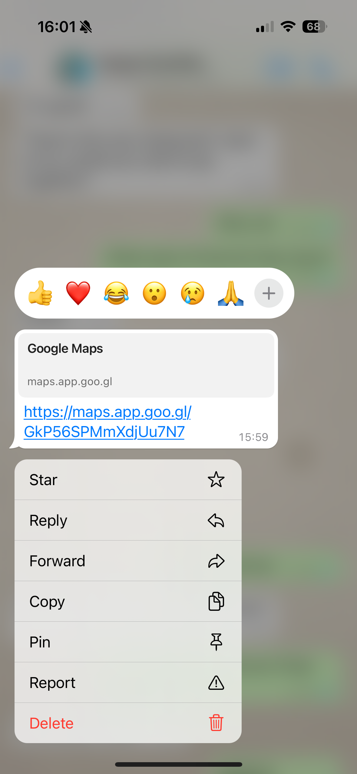 Captura de tela do aplicativo WhatsApp no ​​iPhone mostrando as opções de mensagens