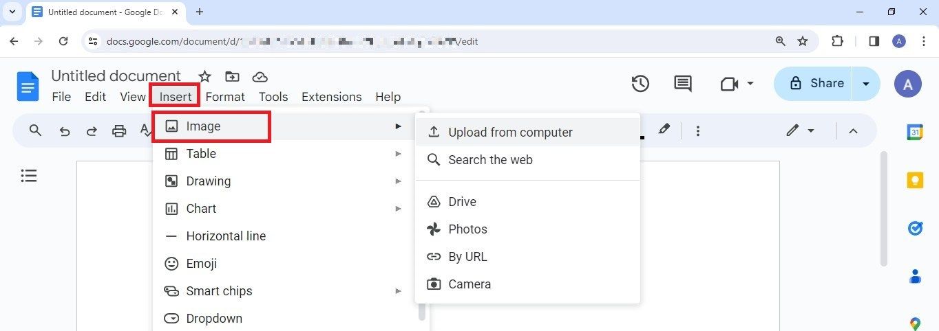 Captura de tela mostrando como inserir uma imagem no Google Docs no desktop