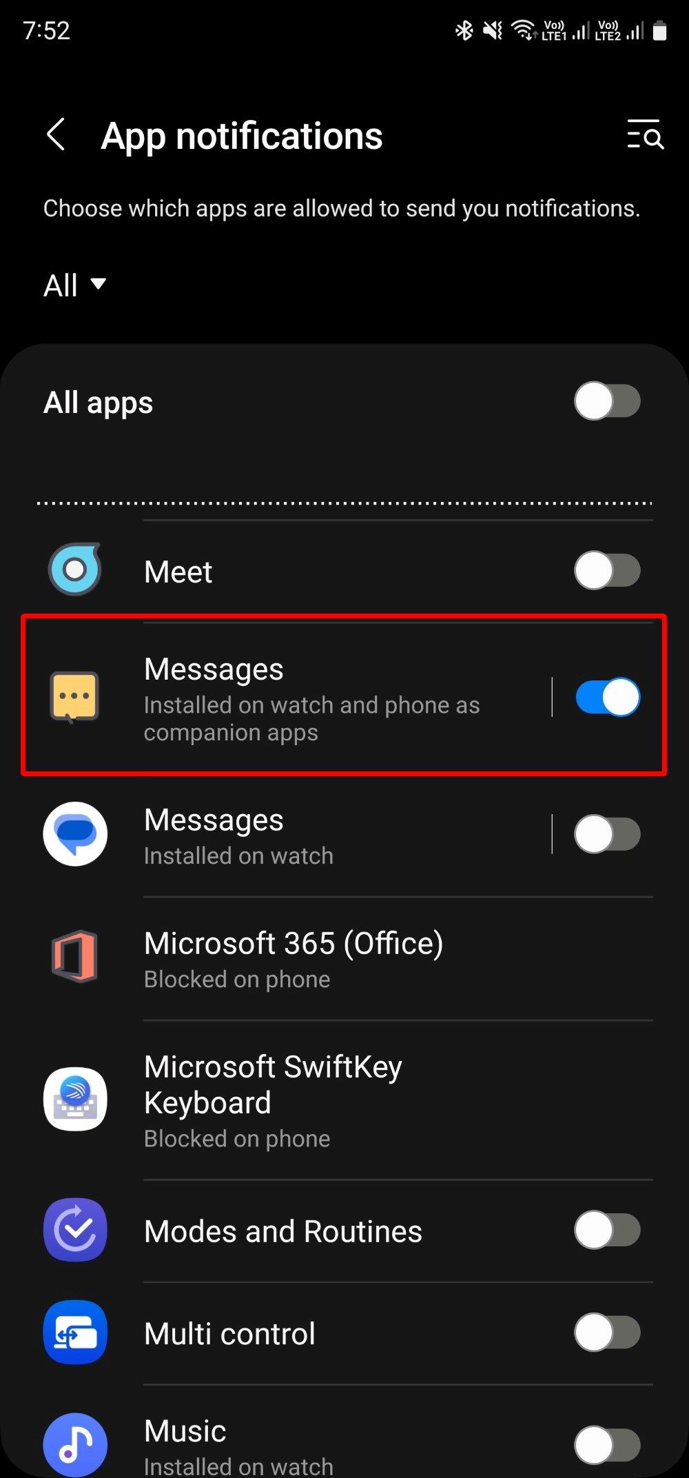 No seu telefone Android, ative o botão de alternância do aplicativo Mensagens.