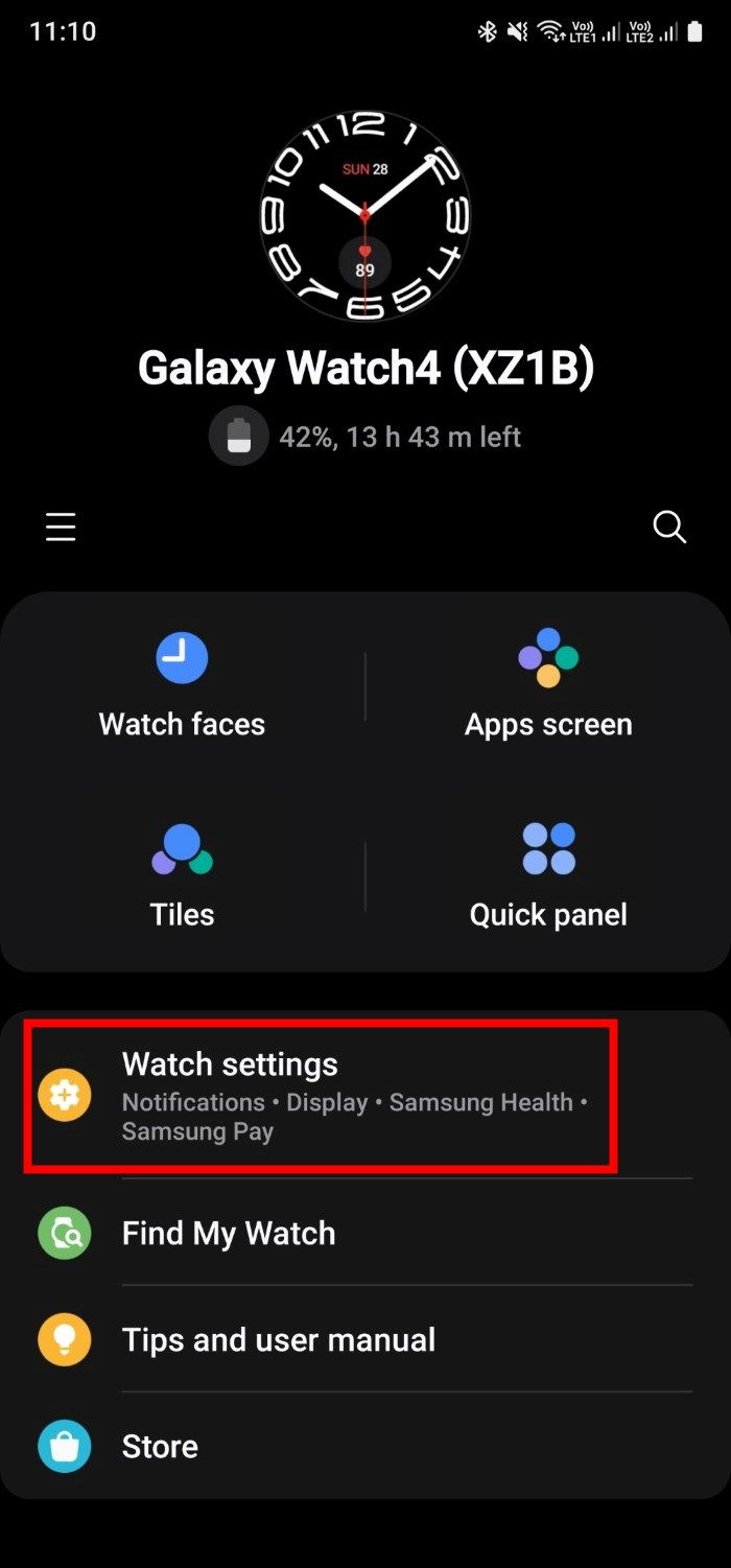 Captura de tela mostrando a opção de configurações do relógio no aplicativo Galaxy Wearable