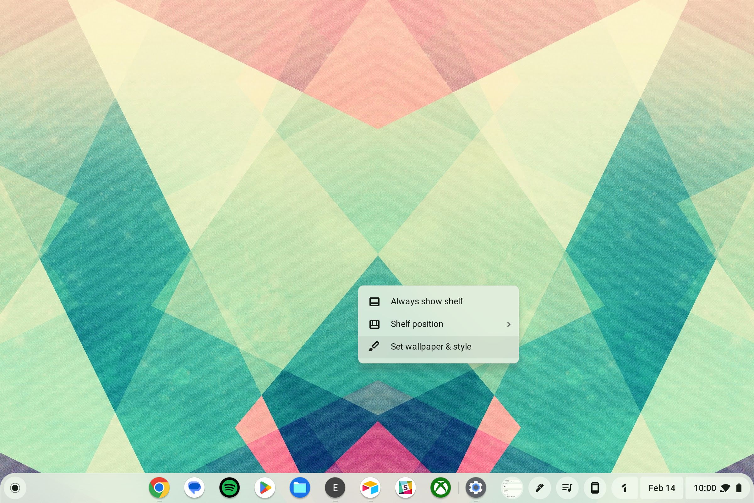 O menu que aparece após clicar com o botão direito na tela inicial de um Chromebook
