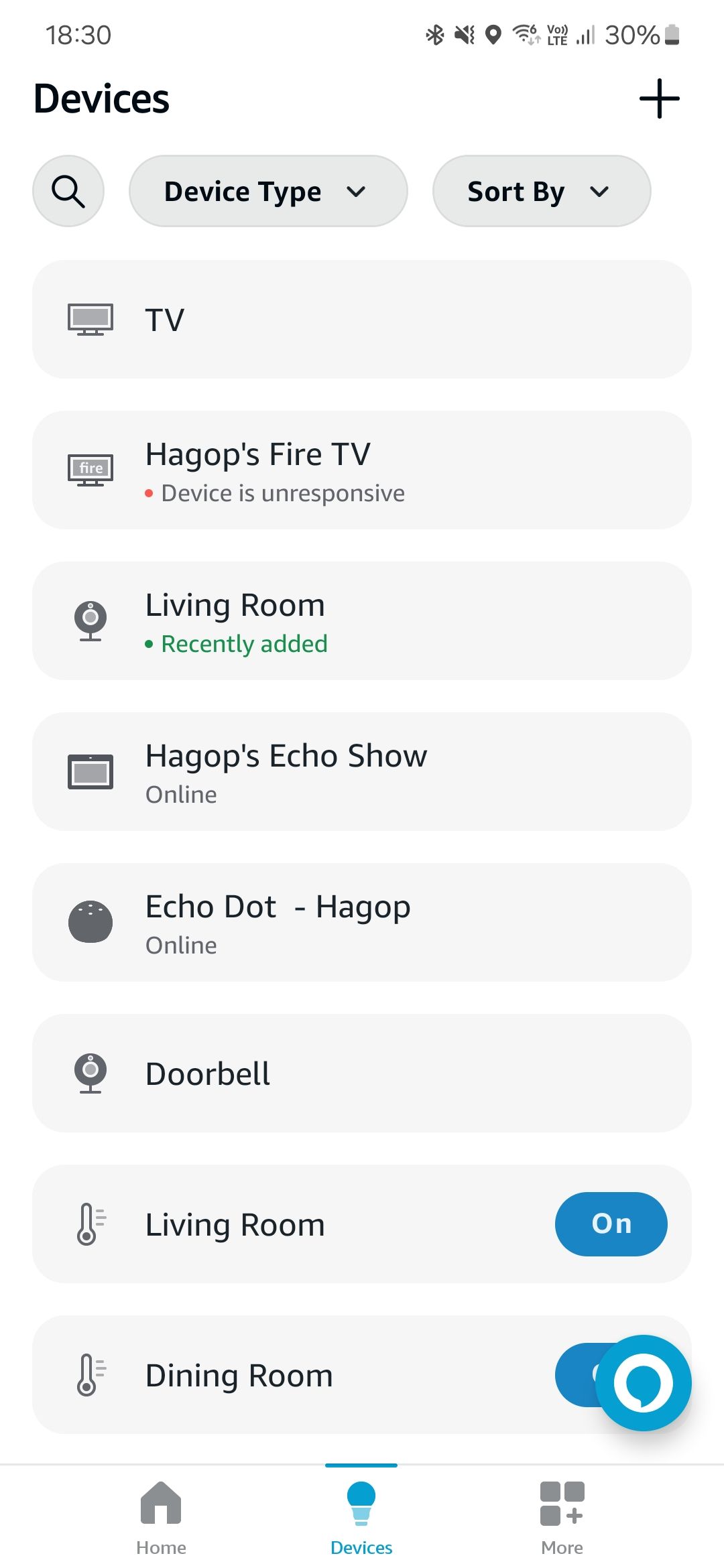 Captura de tela do aplicativo Alexa mostrando a lista de dispositivos