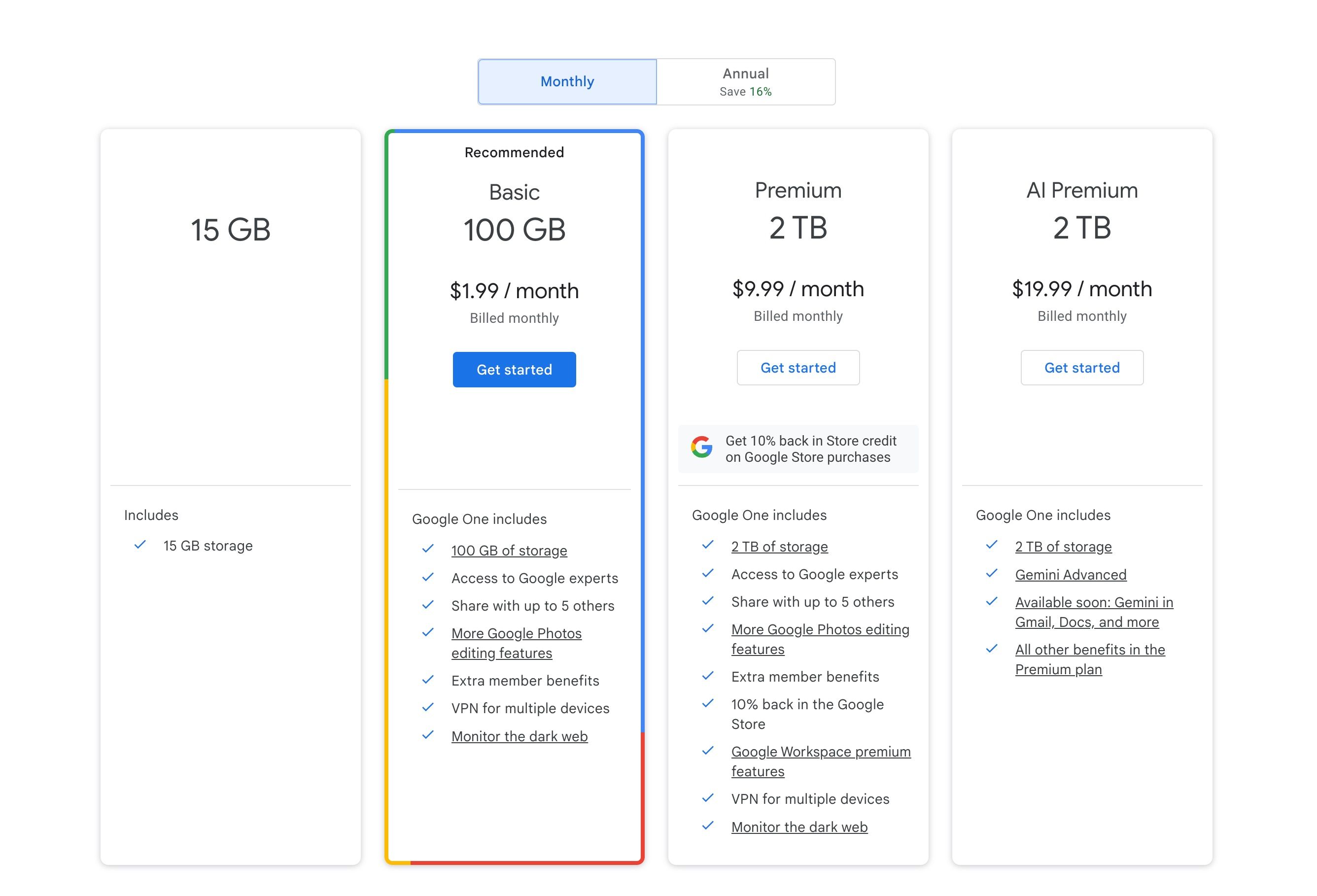 Planos do Google One listados sem a opção de 200 GB