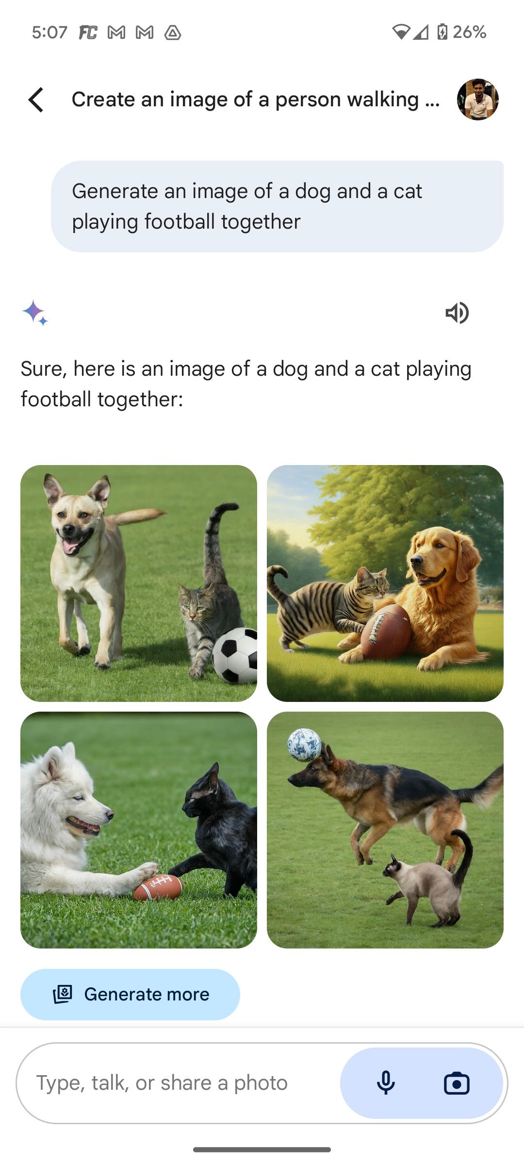 Cães e gatos jogando futebol Google Gemini