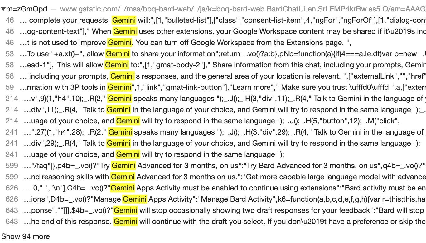 Captura de tela do código do site Google Bard, com menções ao Gemini em todos os lugares