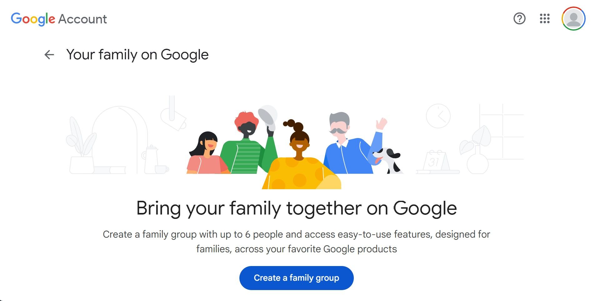 A página principal para criar um grupo familiar do Google na web.