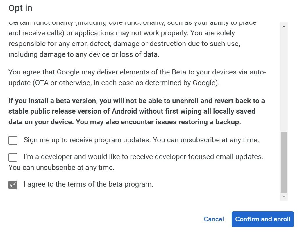 Os termos do contrato do programa beta do Android