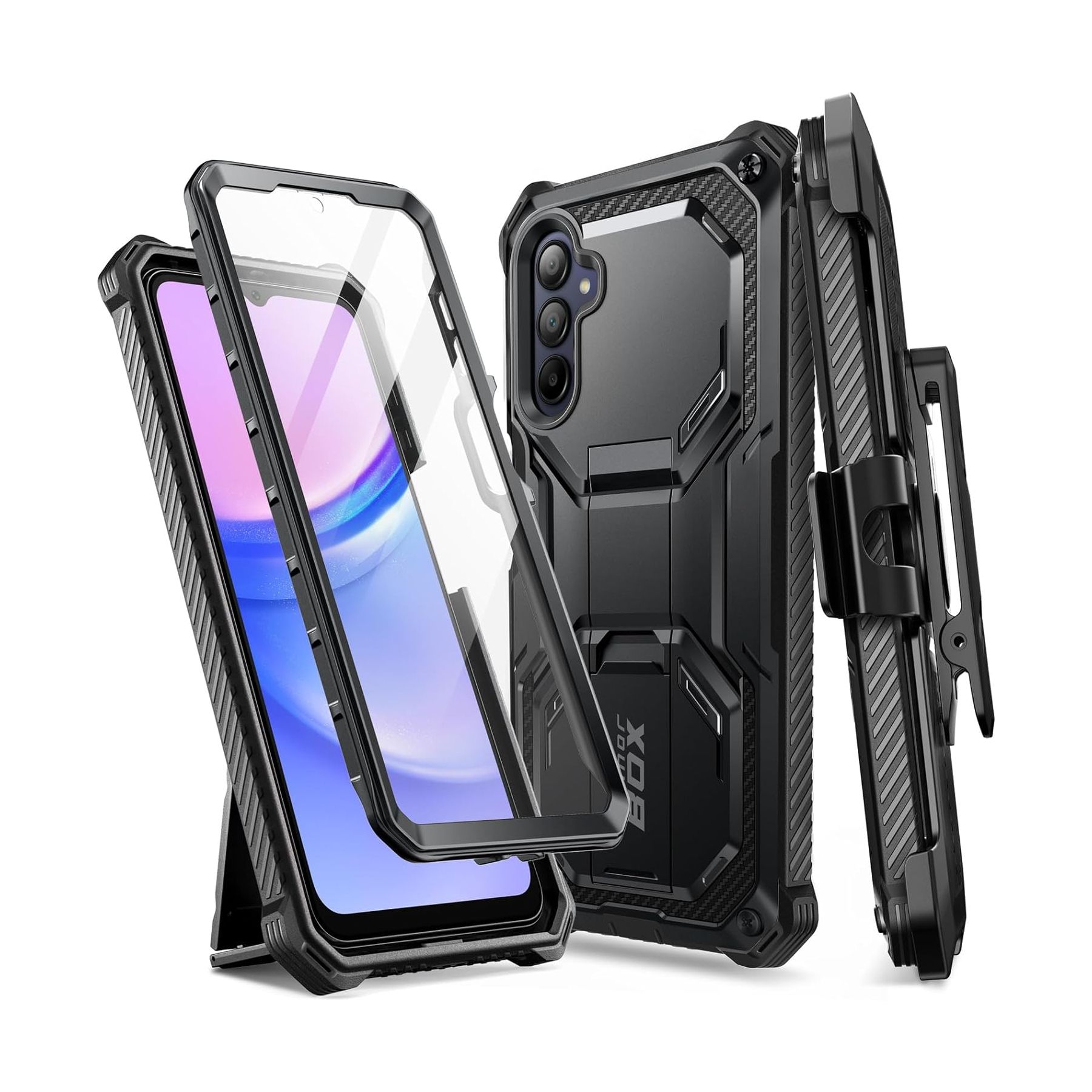 Renderização do i-Blason Armorbox para Samsung Galaxy A15 5G mostrando protetor de tela removível e suporte