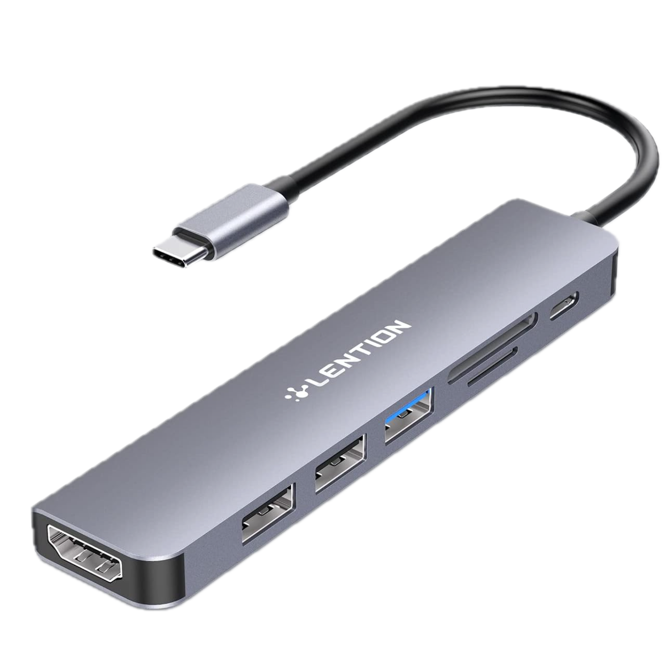 Menção USB C Hub para Chromebook em prata sobre fundo branco
