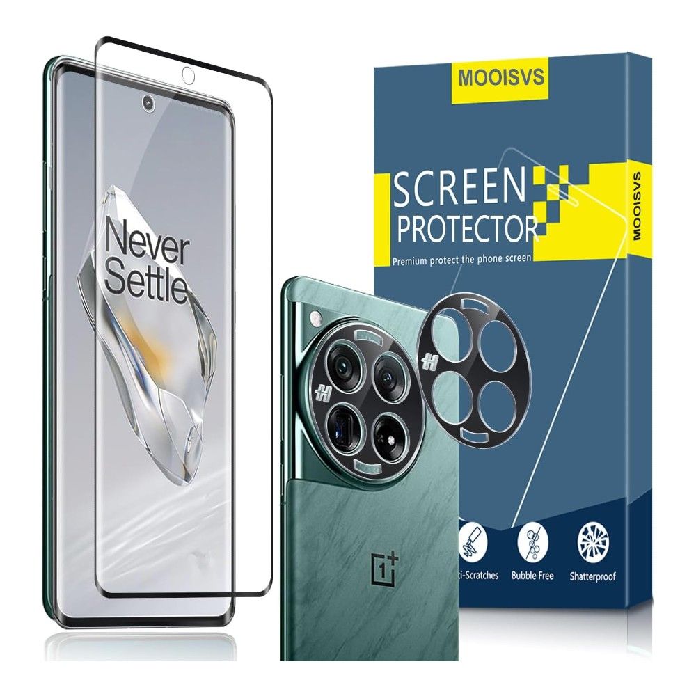 Um protetor de tela de vidro, sua caixa de varejo e um smartphone OnePlus 12 verde