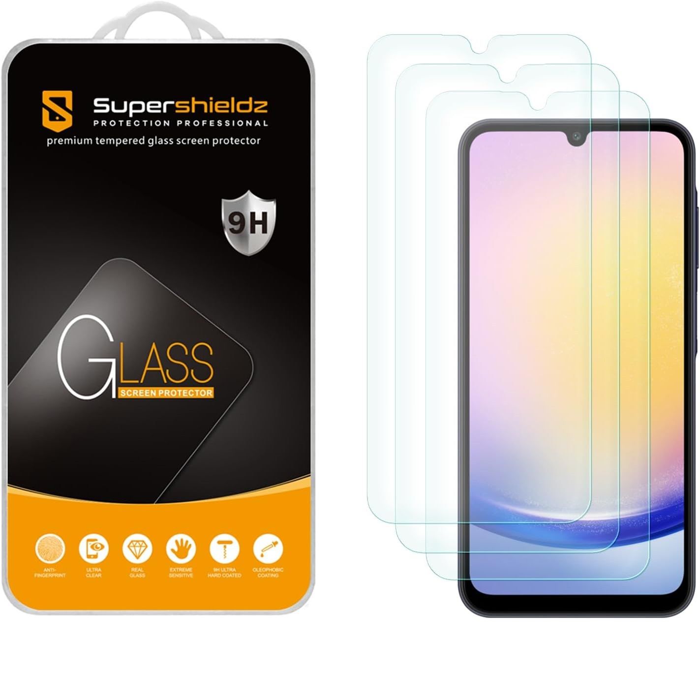 Protetor de vidro temperado Supershieldz para Galaxy A25 5G ao lado da embalagem