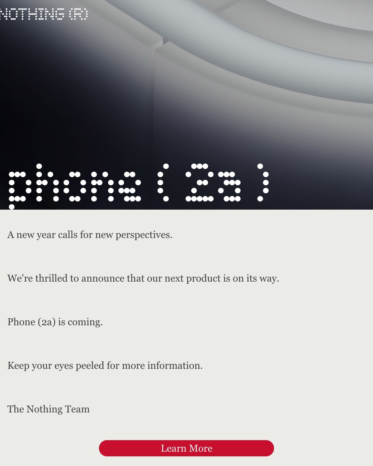 Uma captura de tela do e-mail teaser do Nothing Phone 2a