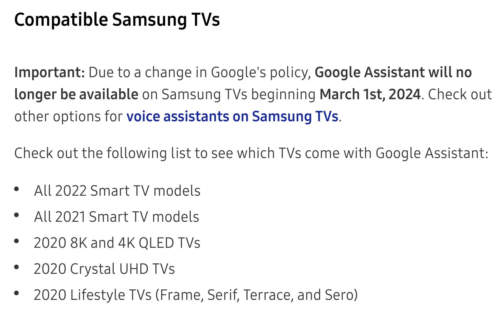Captura de tela da página de suporte da Samsung mostrando a nota de encerramento do Google Assistente citada no artigo