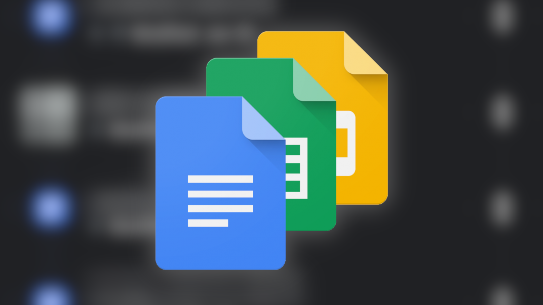 Os logotipos do Google Docs, Sheets e Slides contra um fundo desfocado.