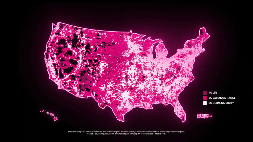 Um mapa de cobertura dos Estados Unidos indicando a rede da T-Mobile com 4G LTE em rosa claro, 5G Extended Range em rosa mais escuro e 5G Ultra Capacity em rosa mais escuro.