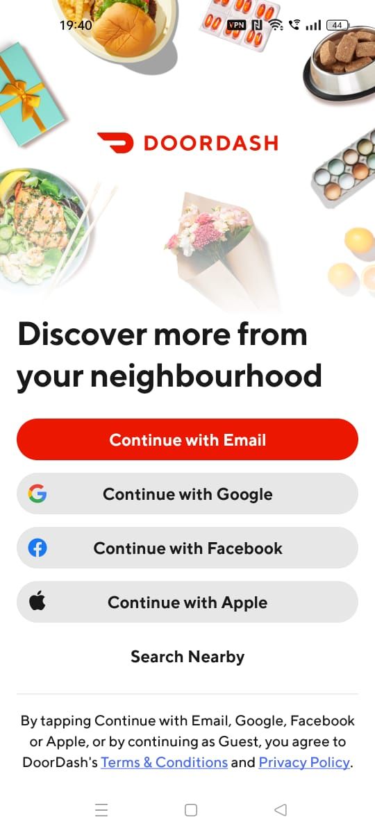 Captura de tela mostrando a página de inscrição no aplicativo DoorDash