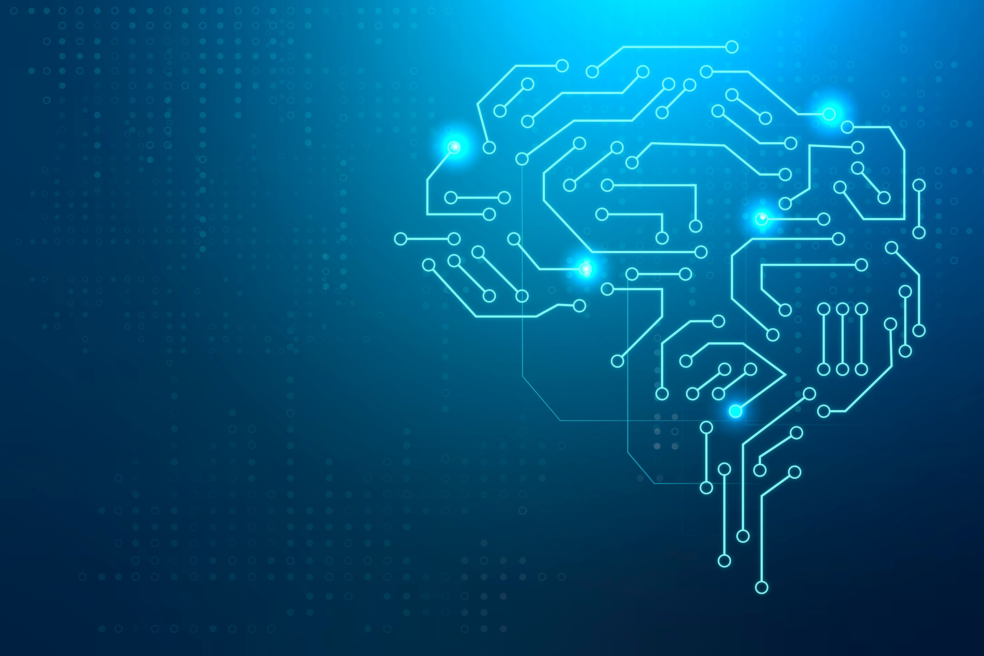 Ilustração digital de uma rede de circuitos em forma de cérebro sobre um fundo azul escuro, simbolizando o conceito de inteligência artificial e aprendizado de máquina, com pontos de conexão brilhantes representando atividade neural ou processamento de dados.