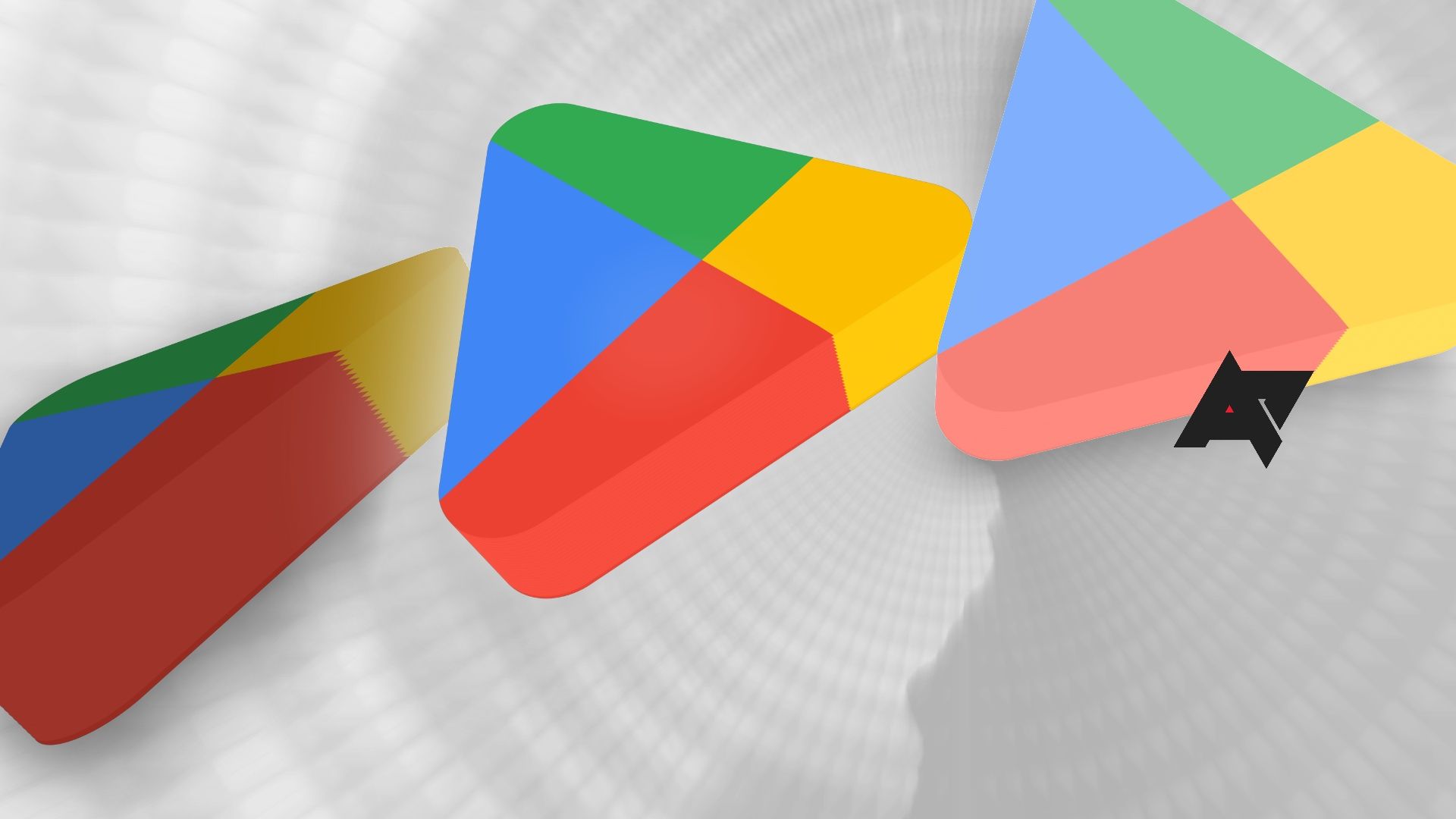 Três setas da Google Play Store em sequência sobre um fundo cinza.