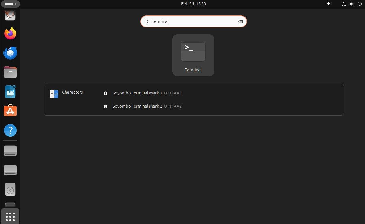Fazendo uma busca pelo aplicativo Terminal na gaveta de aplicativos do Ubuntu.