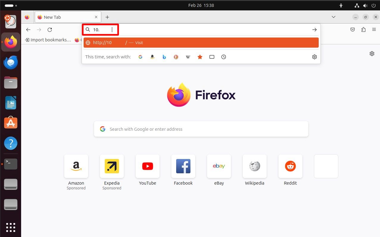 Digitando o endereço IP do roteador no Ubuntu usando o navegador Firefox.
