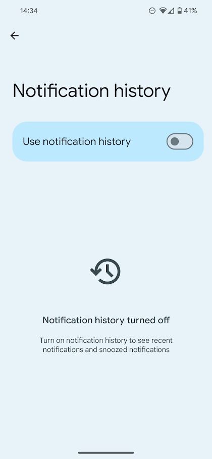 alternância do histórico de notificação do aplicativo de configurações de pixel