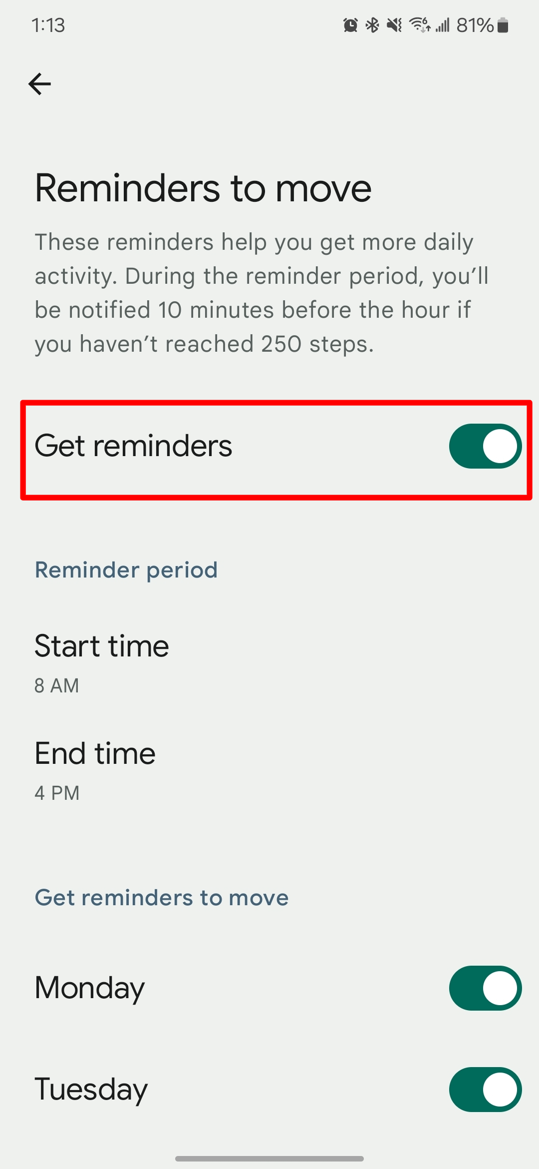 Captura de tela das configurações do aplicativo Fitbit com lembretes ativados na seção de lembretes para mover.