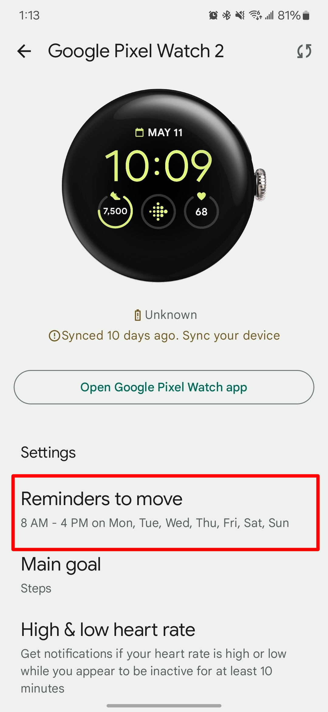 Captura de tela das configurações do aplicativo Fitbit com lembretes para mover a seção destacada.