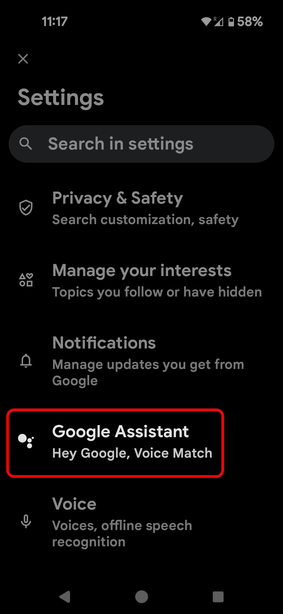 Menu de configurações do Google app destacando a opção Google Assistant