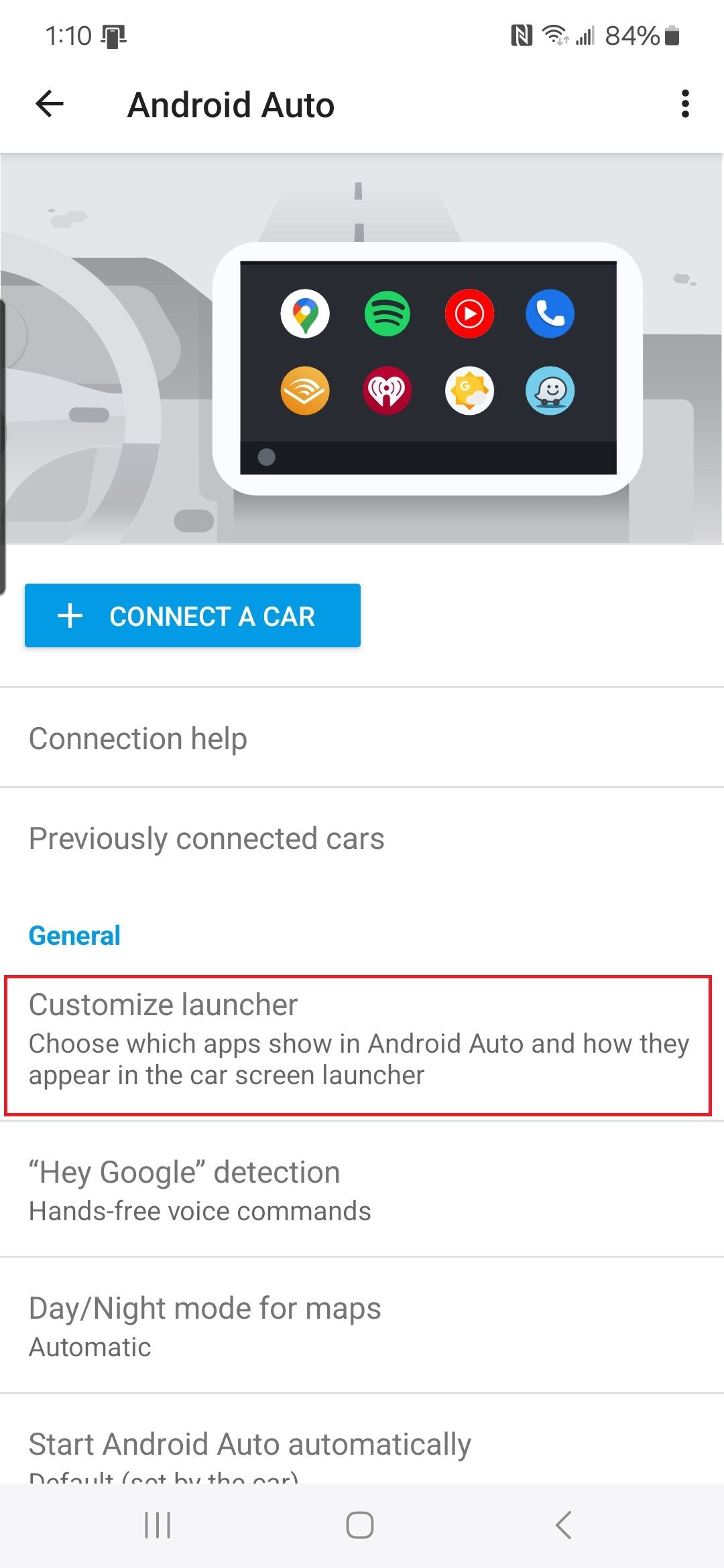 Uma captura de tela das configurações do Android Auto com o Launcher personalizado em destaque