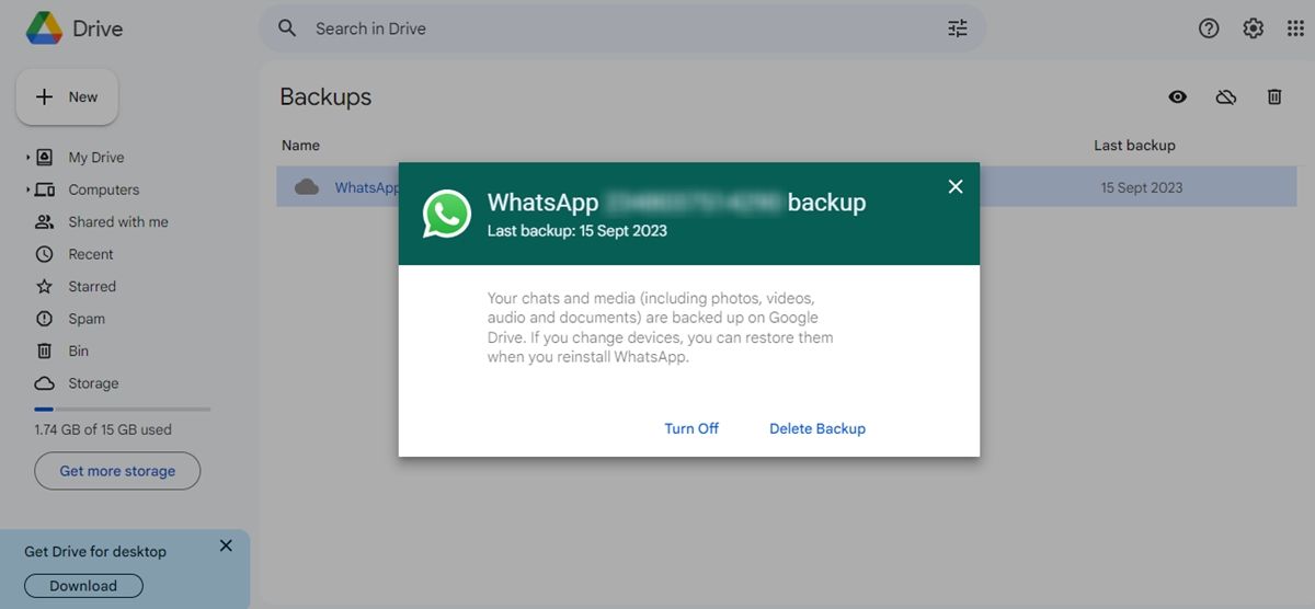 Backup do WhatsApp no ​​Google Drive na versão site