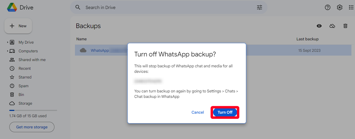 Desativando backups do WhatsApp da versão web do Google Drive