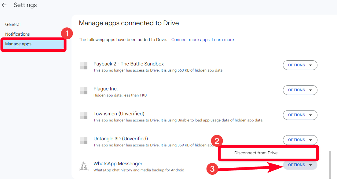 Seção Gerenciar aplicativos no menu Configurações do Google Drive