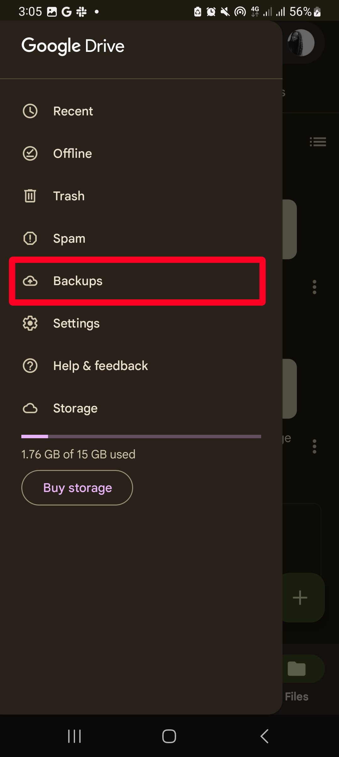 Selecionando backups nas opções de menu do Google Drive