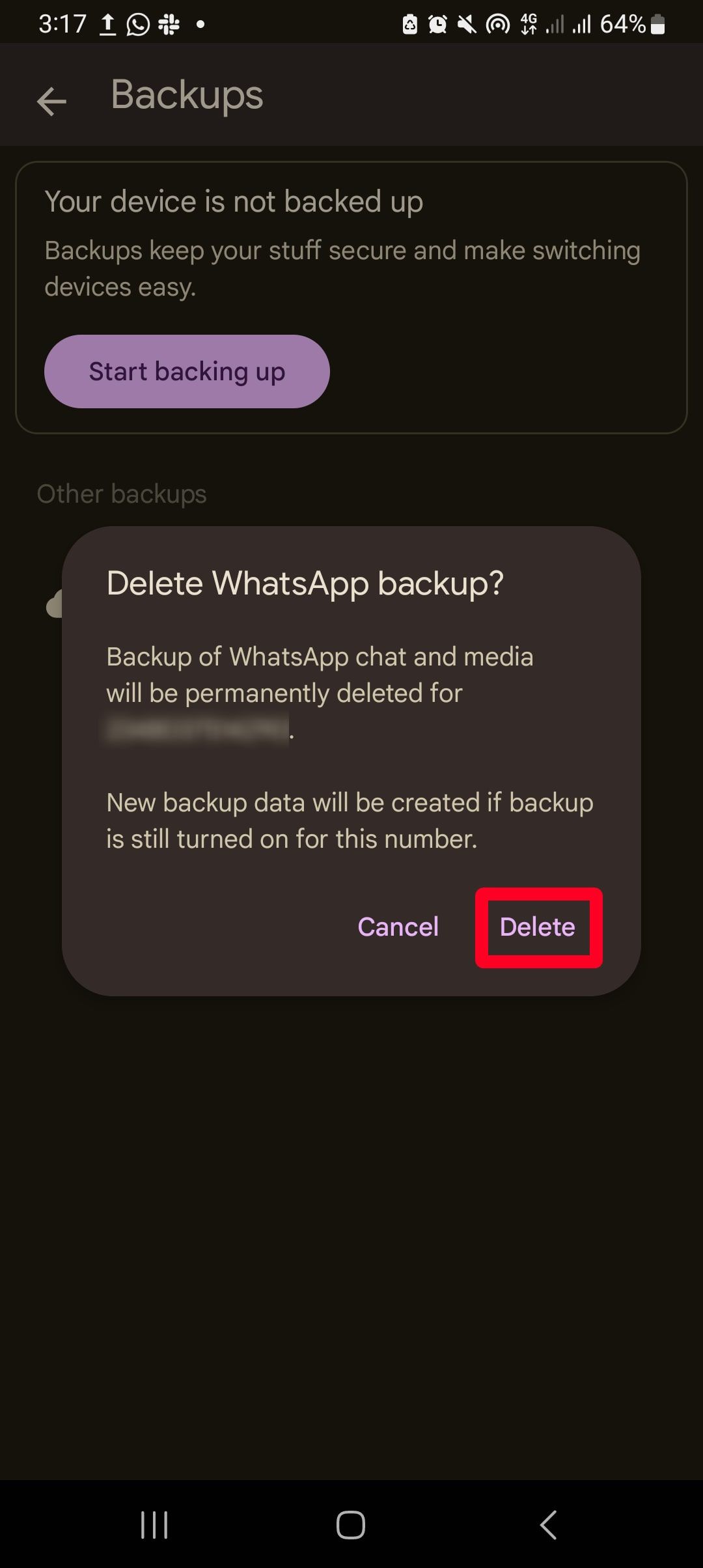 Excluindo backup do WhatsApp do aplicativo Google Drive