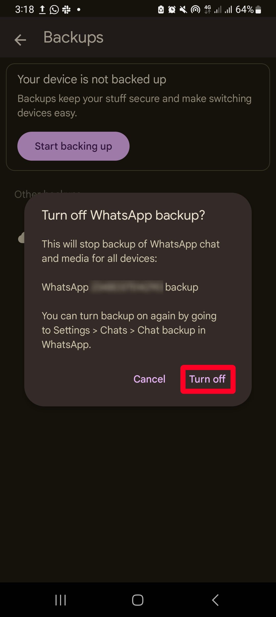 Desativando backups do WhatsApp do aplicativo Google Drive