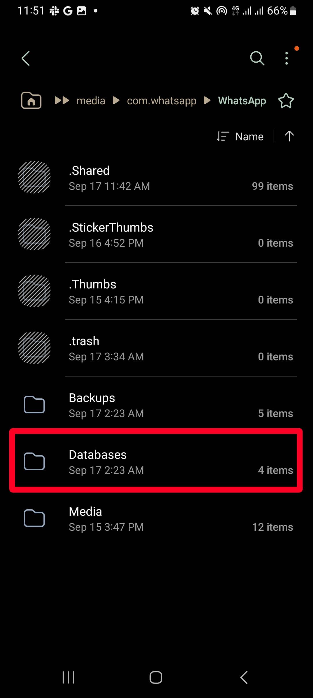 Dados do WhatsApp no ​​menu do Android acessados ​​com gerenciador de arquivos