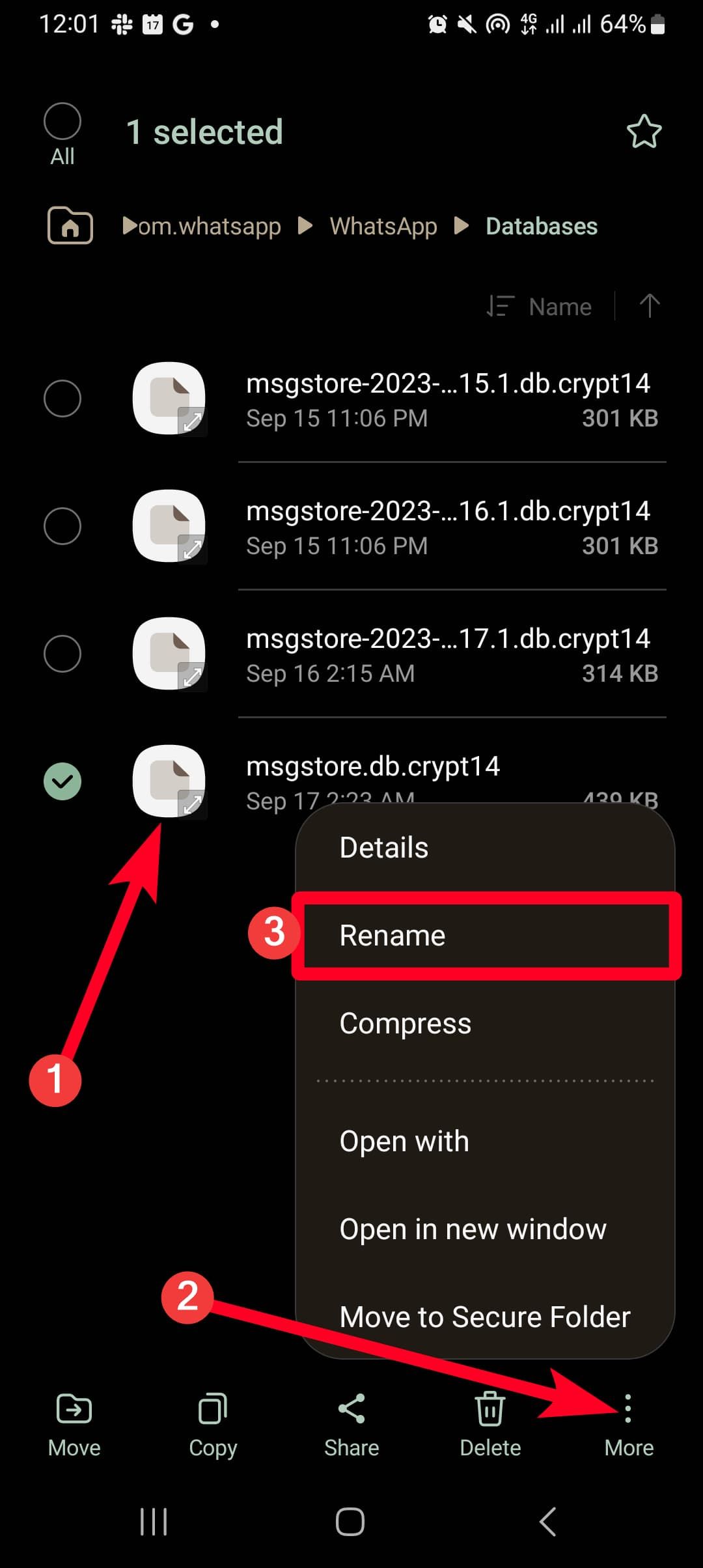 Renomeando um backup do WhatsApp no ​​gerenciador de arquivos do Android