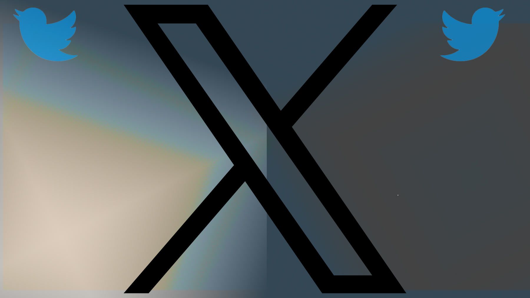 O logotipo X com dois logotipos de pássaros do Twitter contra um fundo multicolorido.