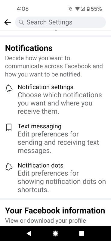 Menu de notificações móveis do Facebook